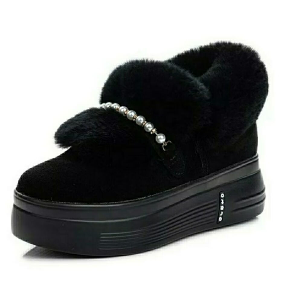 冬天穿的厚底带毛毛鞋外穿女士一脚蹬鞋子女冬季加绒保暖黑色一脚蹬