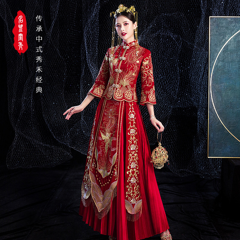 新款中式婚服新娘结婚敬酒服礼服凤冠霞披古代喜服出 香薇单独衣服 s
