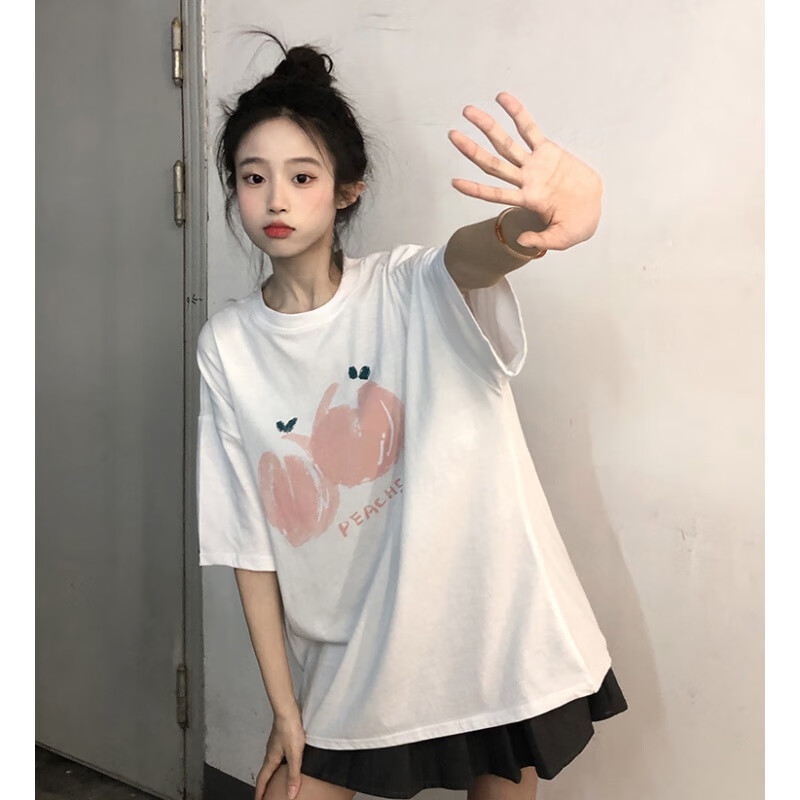 锡曼尘青少年女生t恤短袖宽松 透气 夏天黑色桃子印花别致上衣女夏季