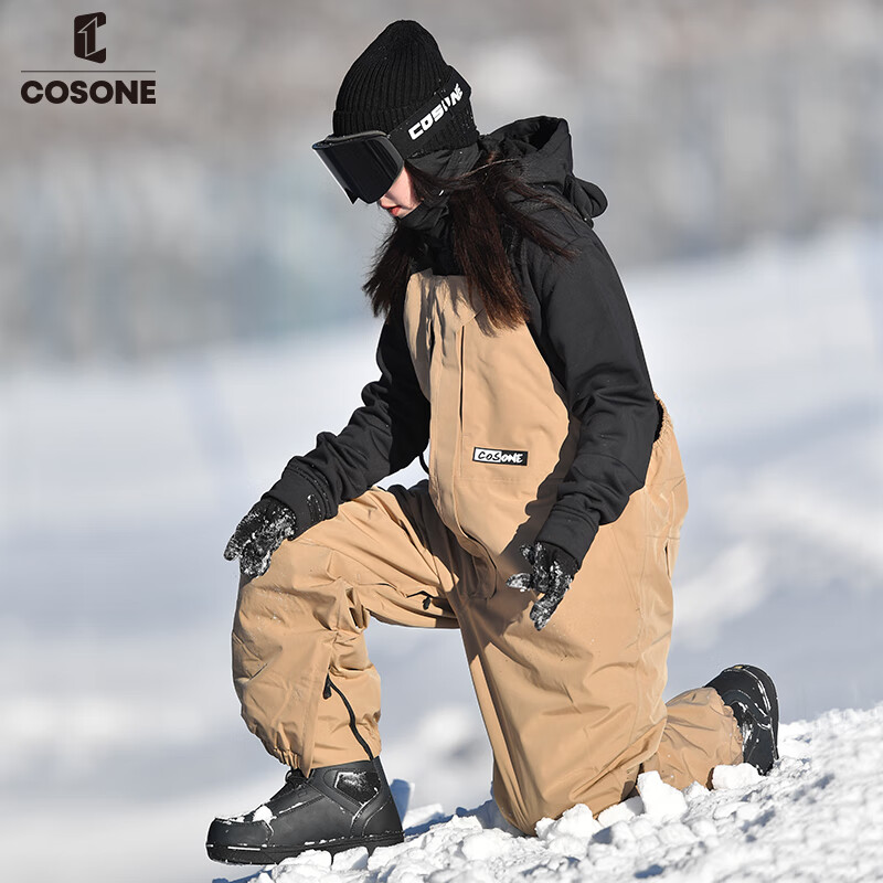 COSONE單板滑雪服背帶褲女男款防水加厚保暖加棉專業(yè)加寬連體褲子 咖色 M