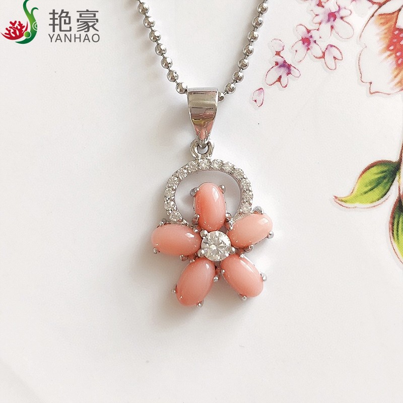 艳豪台湾正宗珊瑚吊坠粉色天使孩儿面珊瑚925银吊坠项链送女朋友礼物