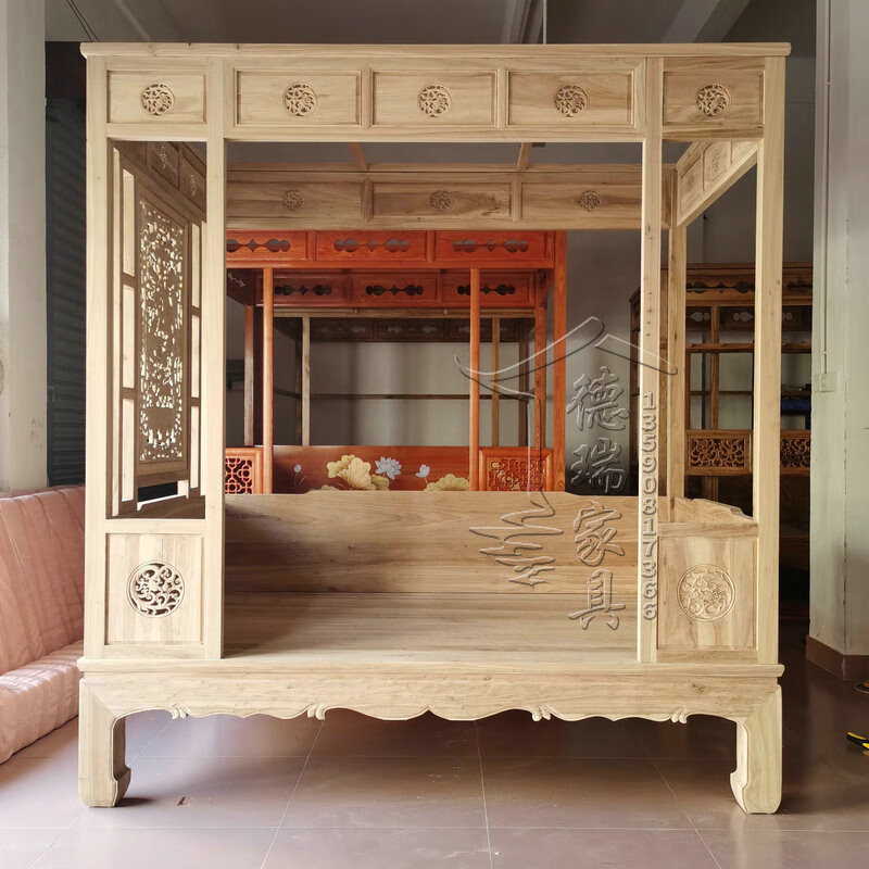 林村农村老式实木床榆木榆木架子床免漆实木床婚床雕花床老式仿古明清