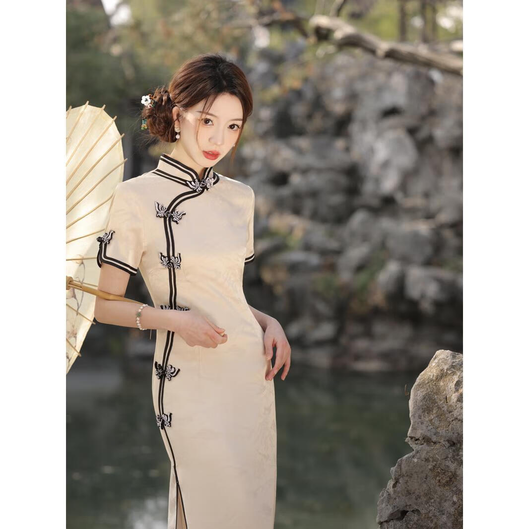 歆栩民国风旗袍复古高贵中国风黑色长款女春夏季长裙2023年新款高级感