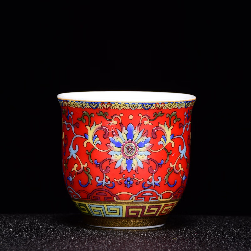 珐琅彩缠枝莲主人杯功夫茶杯品茗单杯茶碗茶盏小号茶盅 缠枝莲红60ml