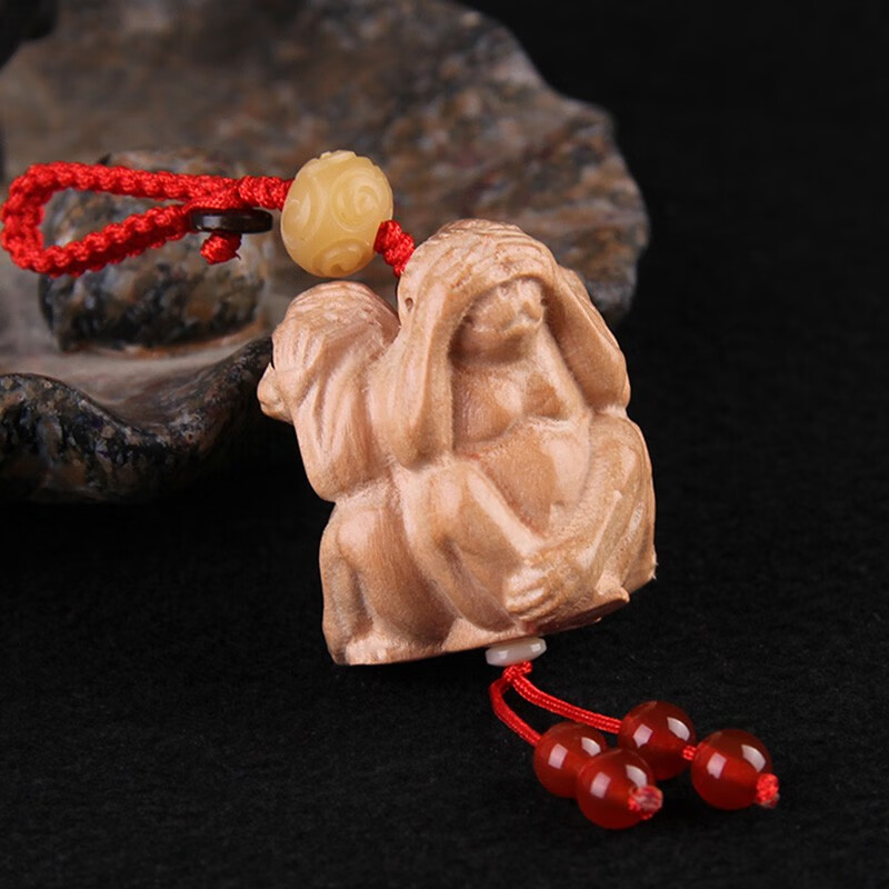 泰山慈航阁 桃木三不猴钥匙扣包挂三不猴汽车挂件 三不猴红色钥匙扣