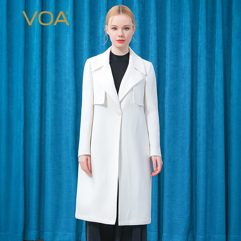 VOA60姆米重磅长空白色西装领立体装饰一粒扣中长真丝风衣外套 FE126 岩盐流纱白 160/M