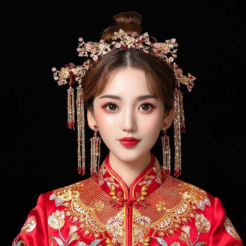 帛灵秀禾服头饰新娘敬酒服古装结婚中式婚礼大气流苏凤冠 款式1耳针款