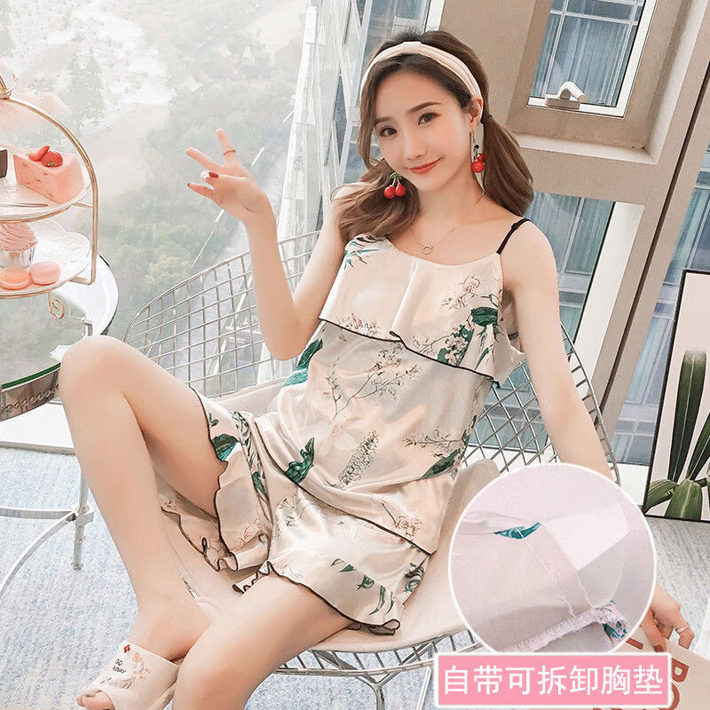 韩版夏季冰丝吊带睡衣女夏天可爱甜美女士学生带胸垫家居服套装 205