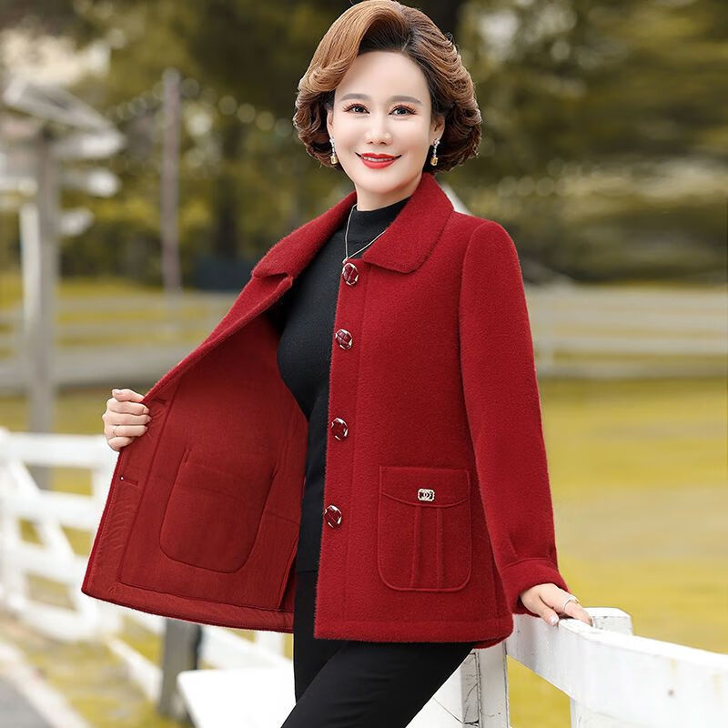 过年衣服皮毛一体套装妈妈装秋冬呢套装40岁50中老年女冬装水 红色 xl