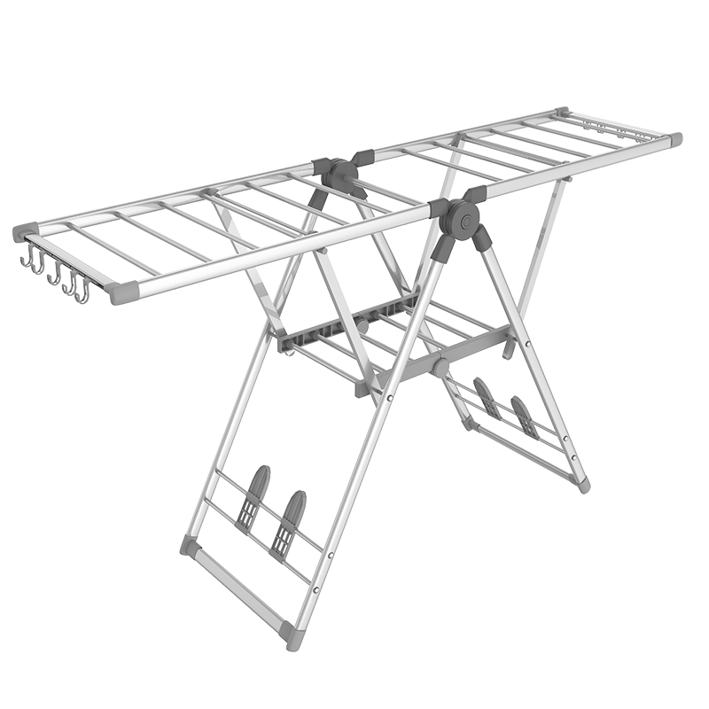 好太太晾衣架落地阳台折叠室内晒被子架衣服架不锈钢挂衣架子简易衣架晒被子衣服架室外晾衣架晾衣折叠晾衣杆 银灰色+双翼双层落地D-2120