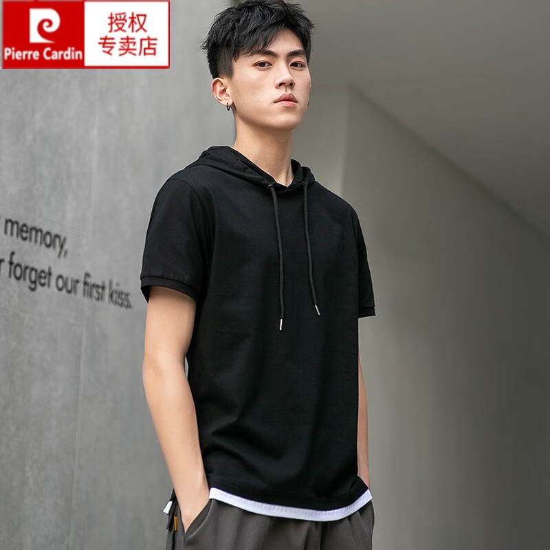 皮尔卡丹（pierre cardin）夏季百搭连帽短袖t恤男潮流带帽运动嘻哈上衣帽衫卫衣潮 黑色 XL/175 【120-135斤】