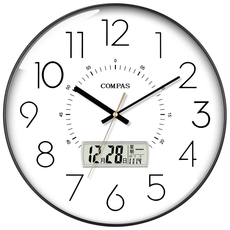 康巴丝（Compas） 挂钟电波钟客厅万年历创意钟表表挂墙日历温度显示智能自动对时电波钟D6219 电波钟黑色 35CM