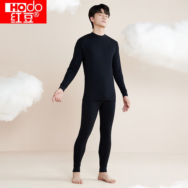 红豆（Hodo）秋冬情侣内衣柔棉半高领秋衣秋裤基础打底保暖内衣套装 阑夜黑男款 XL 175/100