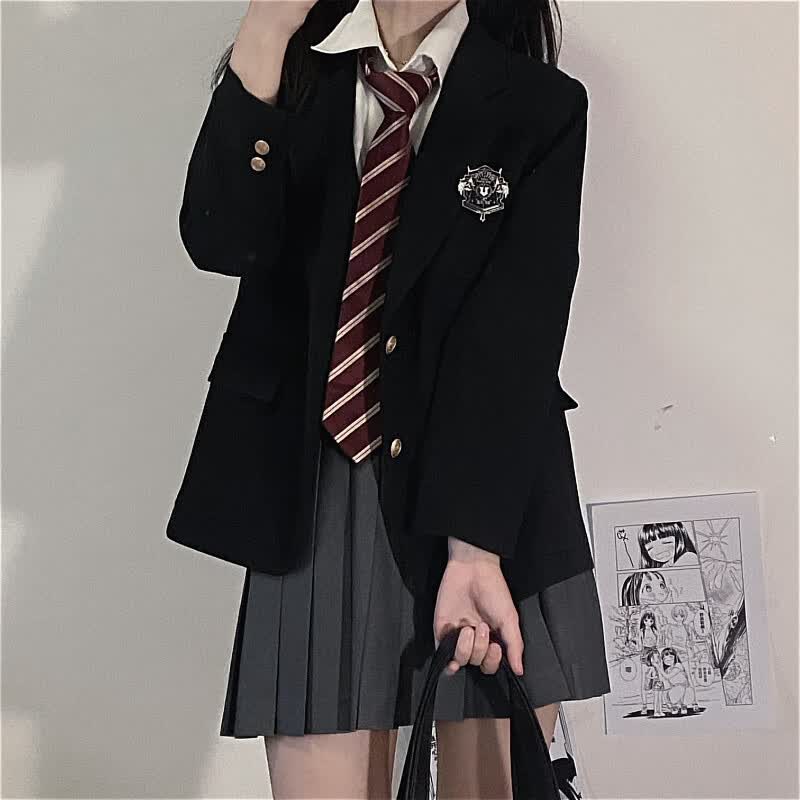 jk西装外套春秋学院风校供感学生原创三口袋茶色西服制服短裙套装 黑色西装+衬衫+领带+灰百褶裙 M怎么看?