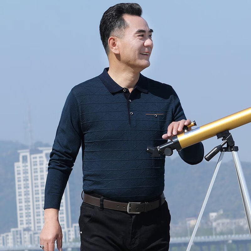 t恤男长袖春秋装上衣男中年休闲薄款打底衫男中老年男装 161903深蓝绿