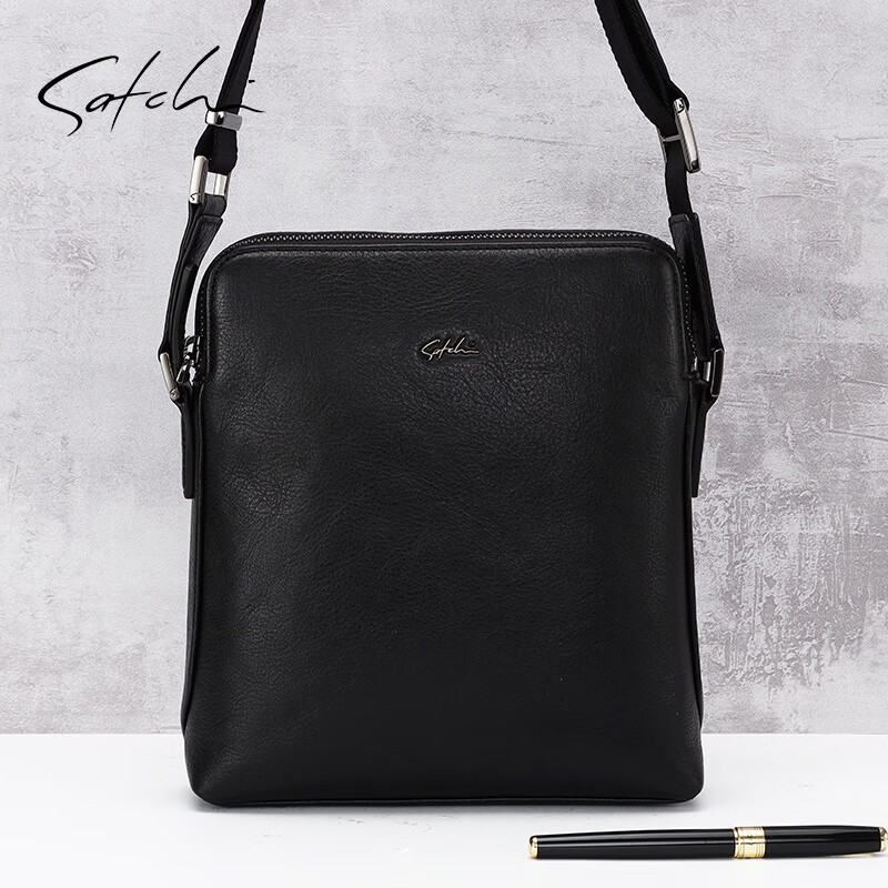 satchi沙驰男包真皮休闲单肩斜挎包新款牛皮小方包ax10639-51h 黑色