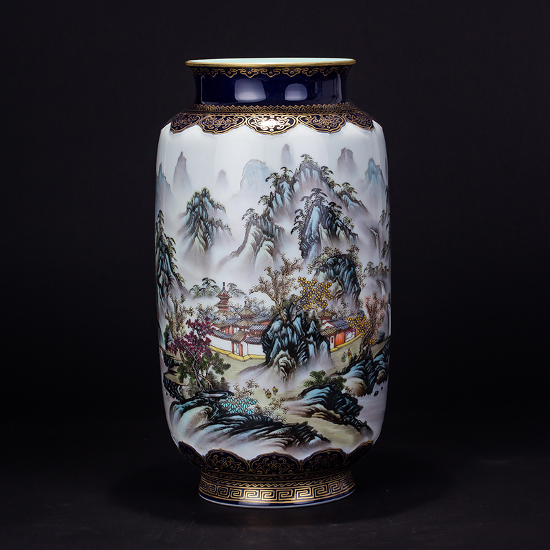 梵窑重器 清乾隆款识景德镇陶瓷霁蓝釉粉彩山水冬瓜瓶 官窑级别瓷器