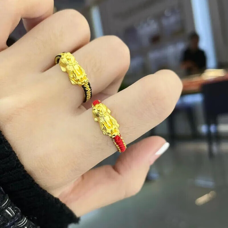 瑞诺黄金戒指女貔貅情侣一对足金红绳指环生日三八妇女节礼物送女友