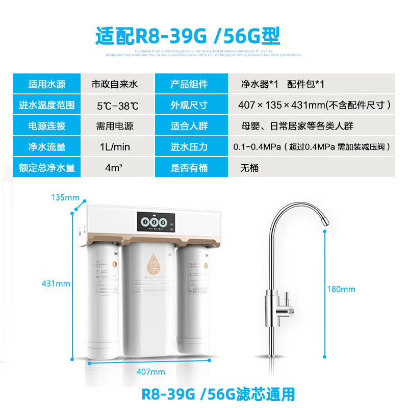 3M 净水器家用反渗透净水机纯水机R8-39G/56G原装替换C1C2C3滤芯 C3-400-R8反渗透膜滤芯