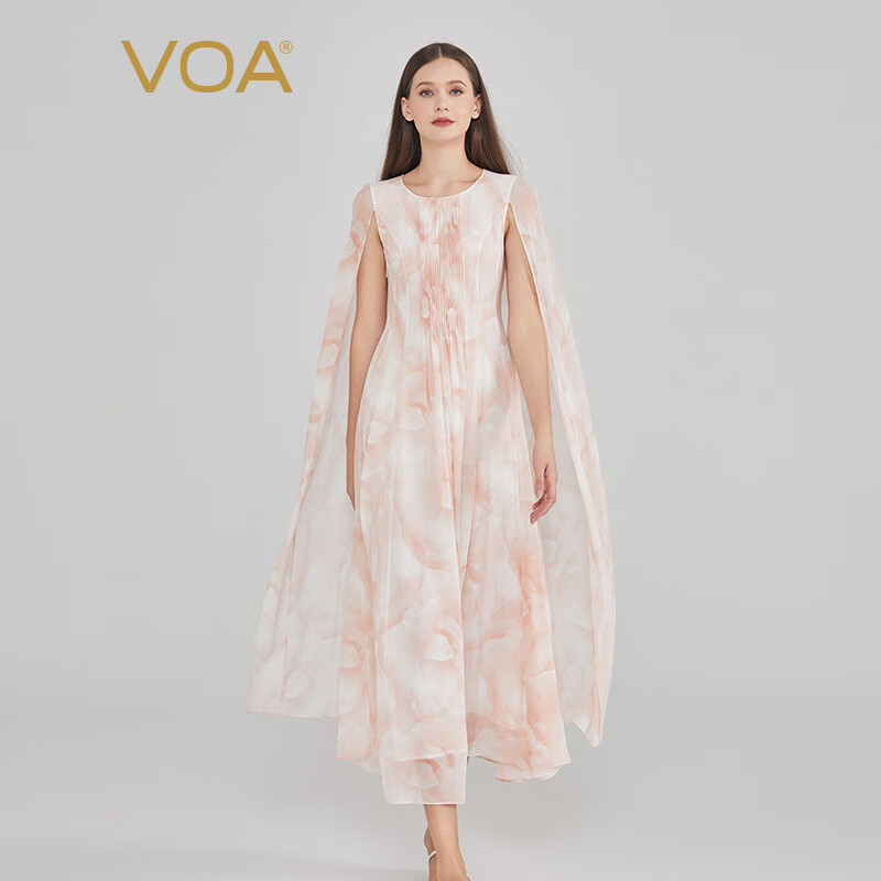 粉色圆领无袖塔克褶装饰披肩设计清秀古风仙女裙ae2280 粉面桃花(f25)