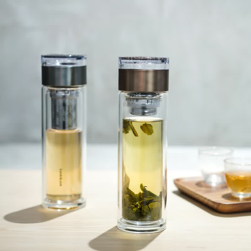 乐扣乐扣（LOCK&LOCK）商务玻璃杯 耐高温玻璃分离式滤网密封防漏双层茶水分离水杯 LLG599BRW-茶仓双层杯420ml