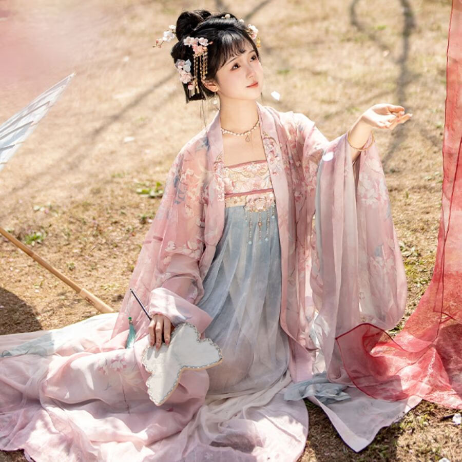 魅朵茜汉服女初中生新款胭脂海棠春夏季唐制印花大袖衫齐胸刺绣古装