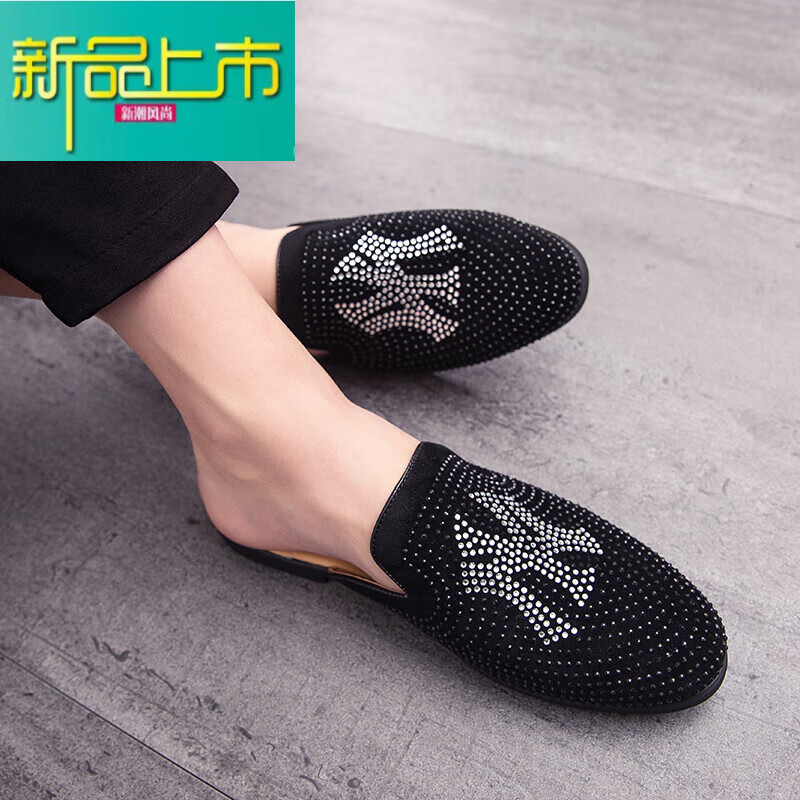yzyq半拖鞋男夏季网红镶钻无后跟懒人皮鞋男包头休闲凉拖外穿豆豆鞋潮