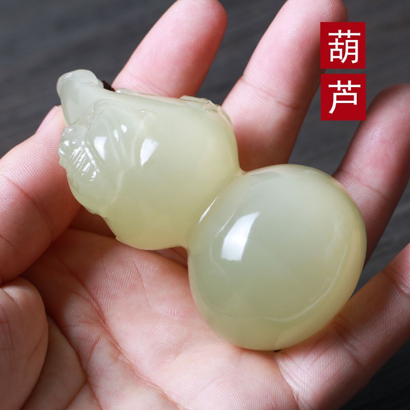 芳饰界青白玉葫芦手把件立体精雕玉石蝙蝠福禄寿把玩件玉器挂件附证书