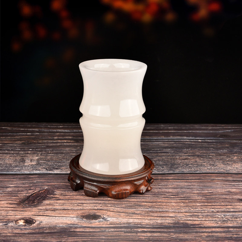 笔筒书房办公室玉雕装饰摆件文房四宝圆筒花器老师创意礼品 白玉笔筒