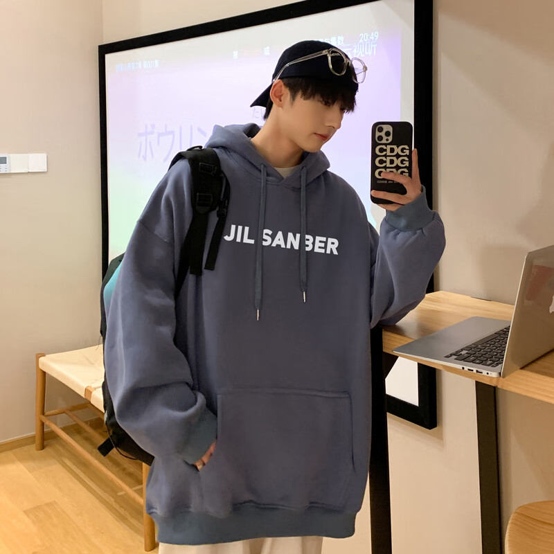 连帽卫衣男生春秋宽松大码字母印花上衣ins港风潮牌休闲外套 雾霾蓝