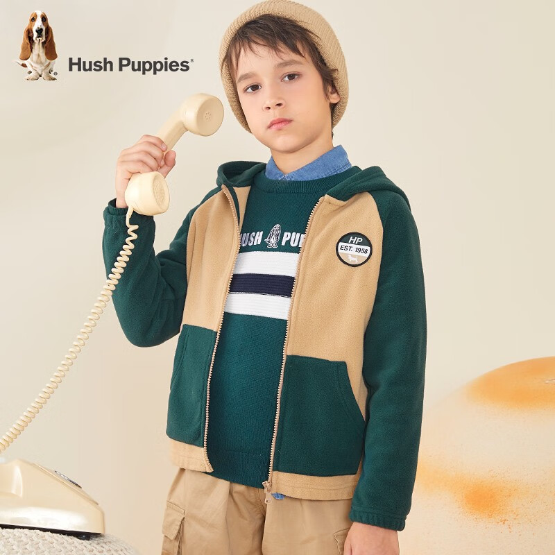 暇步士(Hush Puppies)童装儿童针织外套男童女童春秋中大童拉链开衫摇粒绒外套 丛林绿 140 cm