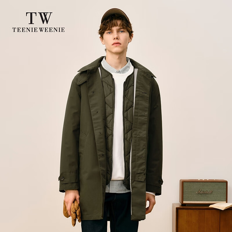 Teenie Weenie小熊男装秋冬上衣可拆卸内胆连帽风衣中长款外套wp 军绿色 M 170