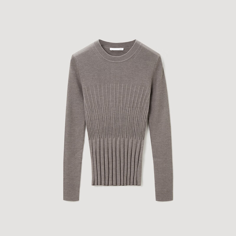 OVV秋冬热卖女装丝羊毛竖条纹肌理圆领休闲长袖针织衫 驼色（净色）B2 L