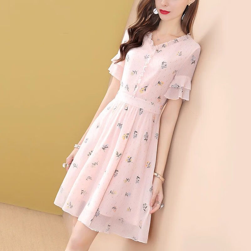 俏娃宝贝小个子连衣裙女超短裙145cm小矮个子粉色v领雪纺碎花连衣女中