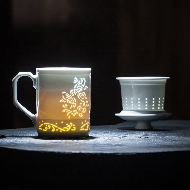 高档陶瓷茶杯茶水分离办公杯过滤泡茶杯礼品 新款玲珑杯(鸿运当头)