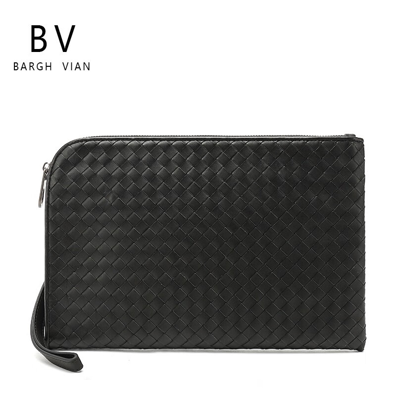 bargh vian bv男士手工编织手拿包胎牛皮手抓包大容量手拎包手包 黑色