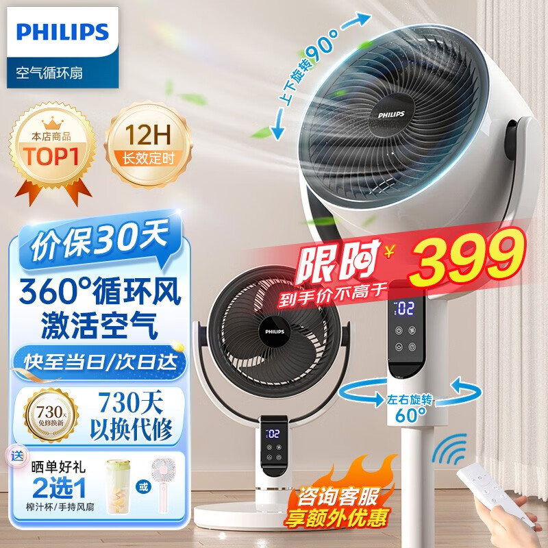 飞利浦(PHILIPS)空气循环扇电风扇落地扇家用小风扇台地两用轻音遥控低噪3D摇头扇 「性价比推荐」2242CFD