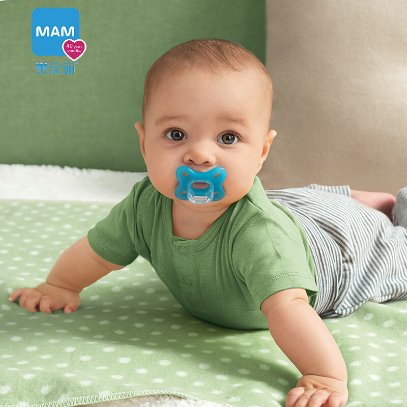 美安萌MAM comfort全硅胶安抚奶嘴一体0-6个月新生儿婴儿超软新扁头超轻 湖蓝色 0-3个月 1只装