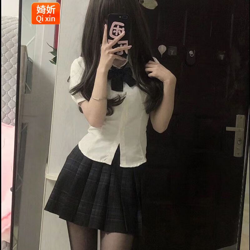 婍妡日系jk制服收腰衬衫上衣女短袖学院风泡泡袖白色衬衣jk套装 收腰衬衫+领结+碳灰格 套装 M怎么样,好用不?