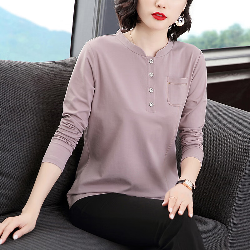 恒源祥秋装新款2024纯棉长袖t恤女半开领纯色百搭时尚打底衫 香芋色 m