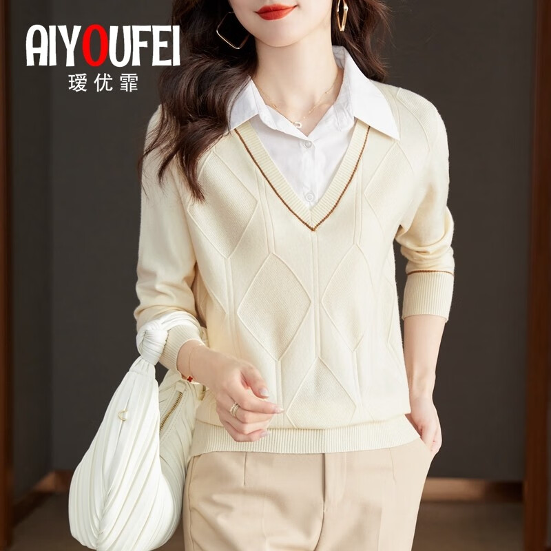 瑷优霏(aiyoufei)衬衣领针织衫女春秋装假两件新款通勤上衣洋气毛衣女内搭打底衫 图片色 218-5120牛奶色 M 建议90-105斤