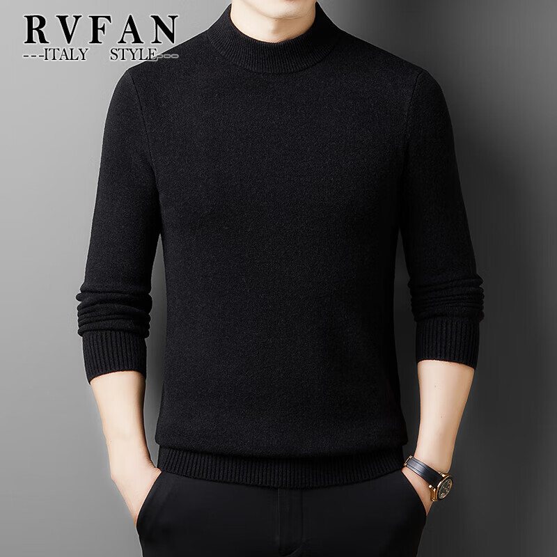 RVFAN男装羊毛衫男保暖毛衣秋冬季套头针织衫中年男士圆领打底衫 黑色 L