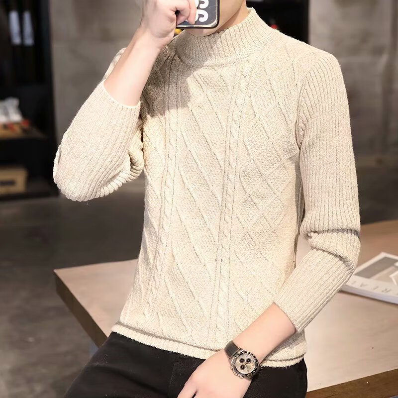 千蝉枫编织大毛衣男士手工粗线高领毛衣2022秋冬男士棒针粗毛线扭麻花