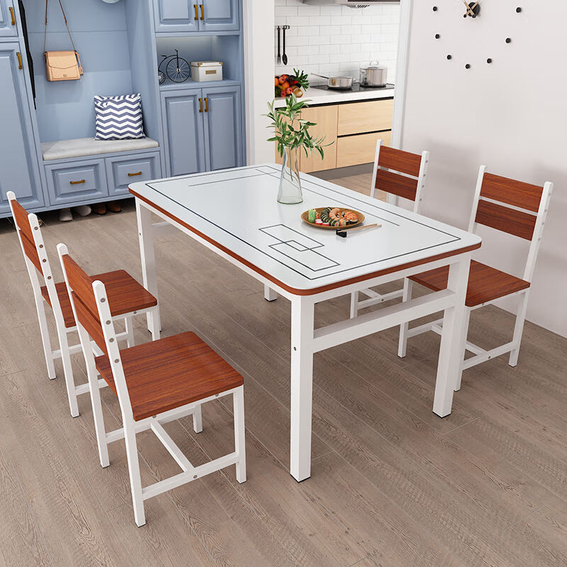 现代钢化玻璃餐桌椅组合简约小户型吃饭桌子桌椅组合4人6人桌 柚木面白架白玻 圆角120*60*75桌子