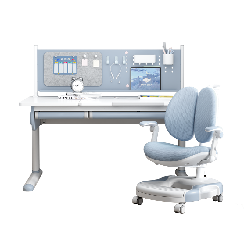 青节 儿童学习桌 书桌 儿童书桌 青少年学习桌 小学生书桌写字桌 带书架高度可升降实木桌椅套装 心流S桌-1.2米兔宝宝实木桌+智多星椅【晴山蓝】