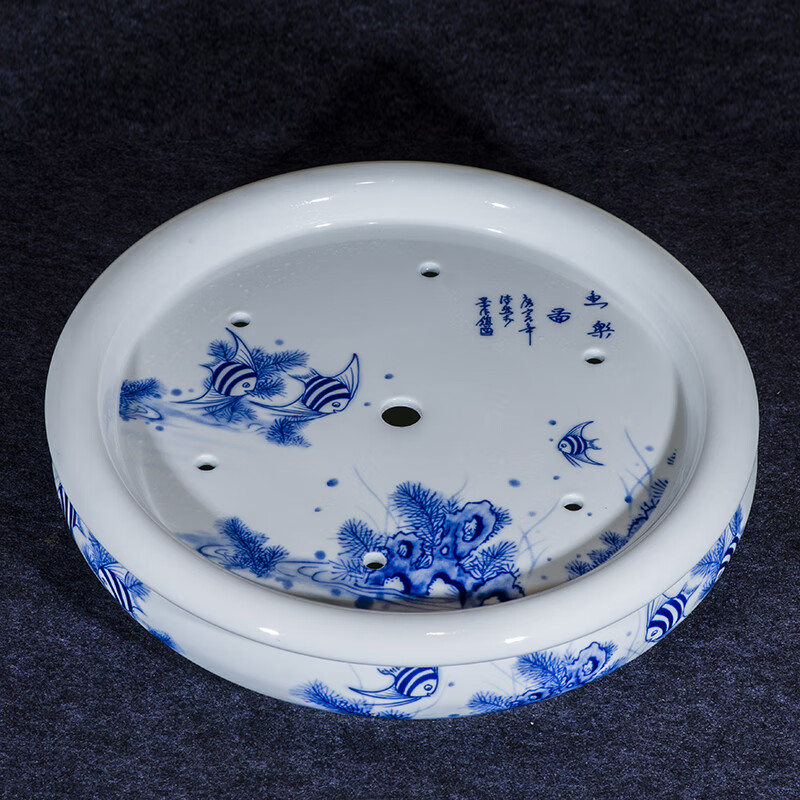 景德镇青花瓷茶盘手绘茶盘陶瓷加大号圆形双层茶托盘功夫茶具 {款}鱼