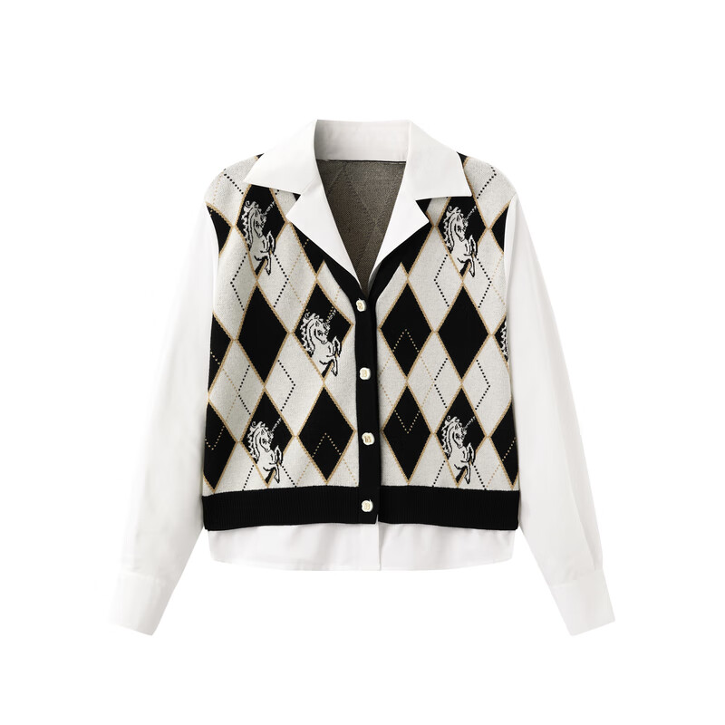 太平鸟【商场同款】女装秋季新款时髦假两件线开衫A1EDD3404 黑色纹样 S