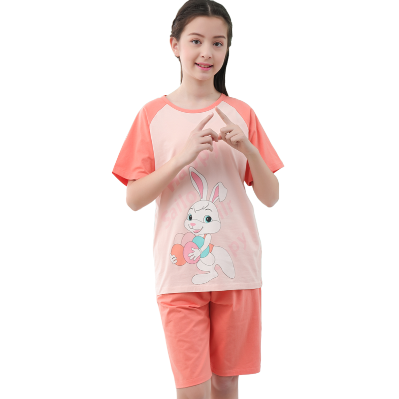 Miiow 猫人 儿童睡衣纯棉女童短袖套装夏季薄款中大童家居服 桔色兔子 160
