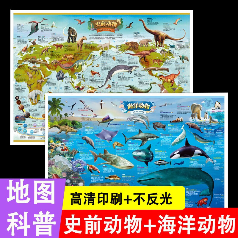 中国地形图挂图 大2023年新版和世界地图大图墙面装饰儿童地理地图墙贴小学生专用初中大尺寸地图 海洋动物地图+史前动物地图(全2册)