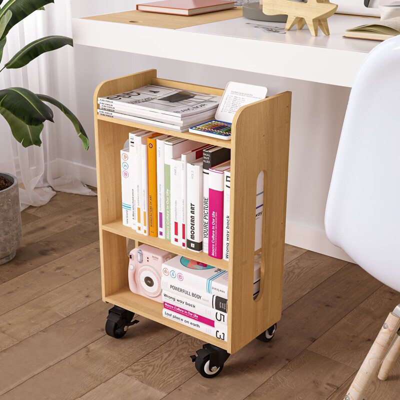 鹿游记 实木书架落地桌下简易办公室可移动小型多层省空间置物架收纳小书架 带轮小书架（45*24*69cm）